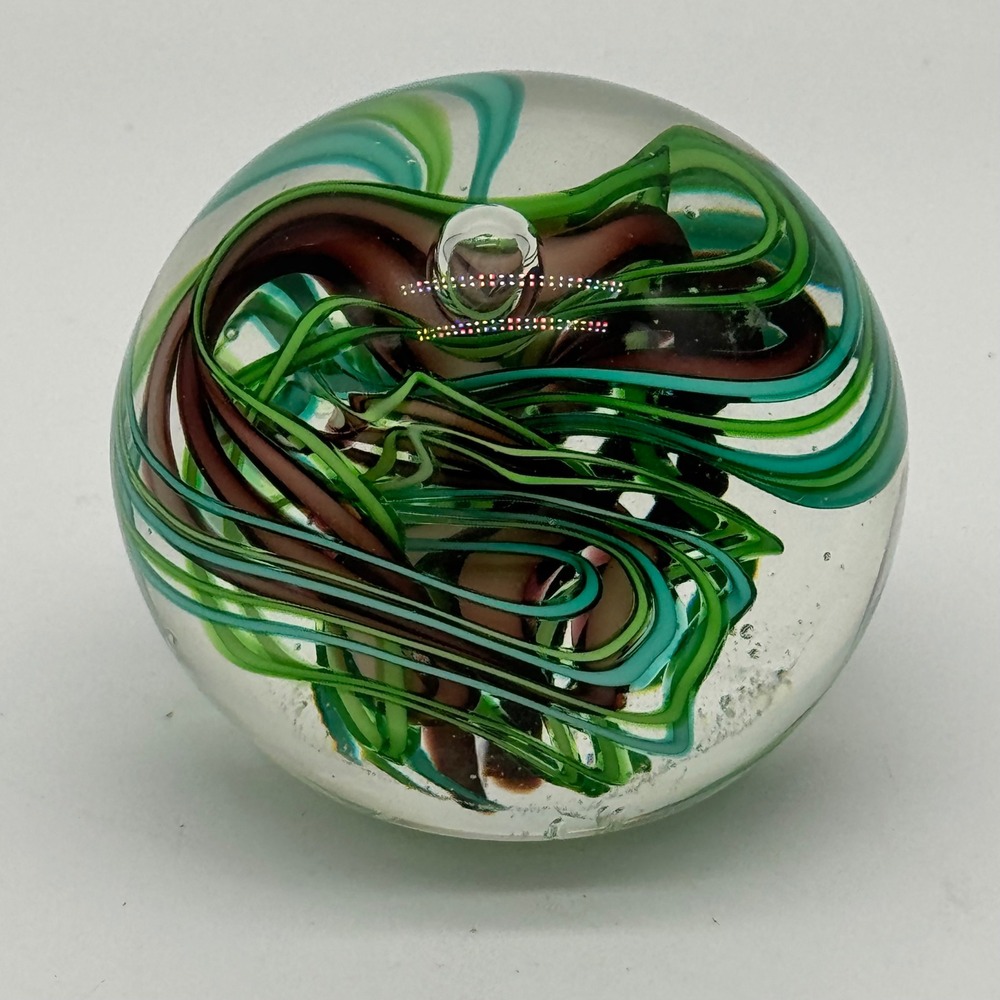 Vintage 1998 Signed Studio Art Glass Paperweight Green Teal Swirl Controlled Bub